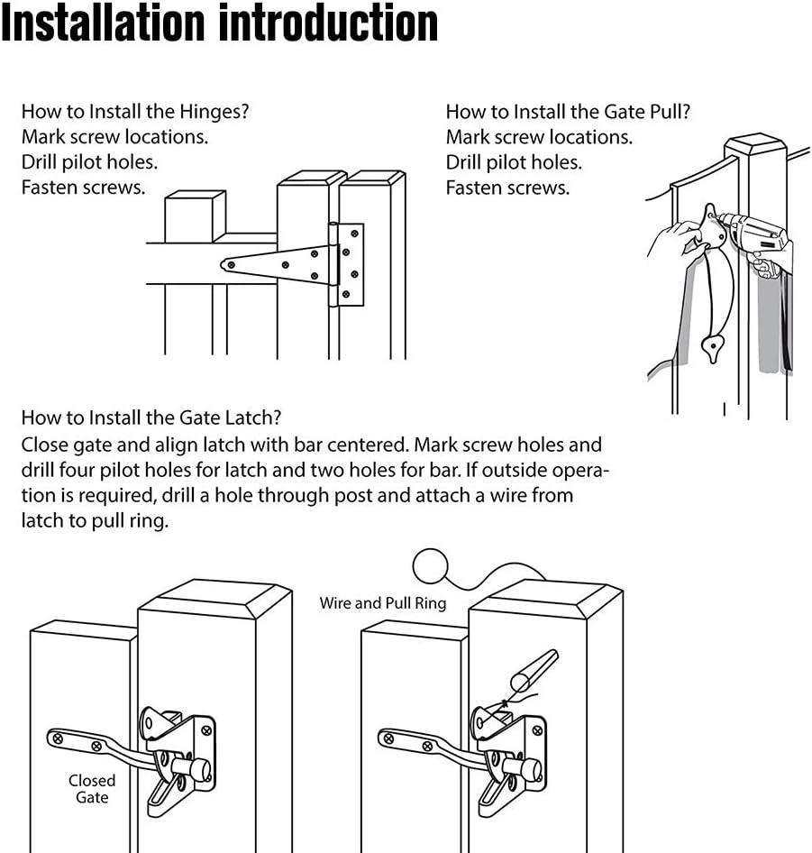 Heavy Duty Gate Hardware Kit with Self Locking Latch, 6" T-Strap Hinges, 10" Handle - Shed Door Set for Wooden Vinyl Fence, Farm, Garden - Black Finish - WildKart