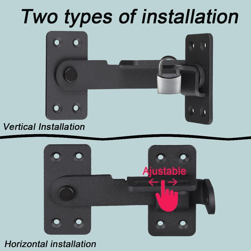 Heavy Duty Gate Latch Lock with Padlock Hole for Wooden Fences, Barn Doors, Sheds, Cabinets - 180° Design, Black (2 pcs)