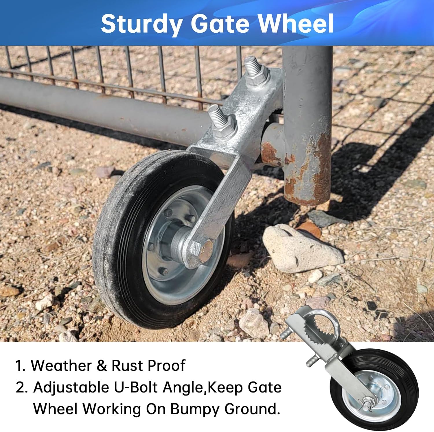 Heavy Duty Gate Wheel 2 Pack for Metal Swing Gates - Fits 1-5/8" to 2" Frames - Gate Support Caster for Chain Link Fences