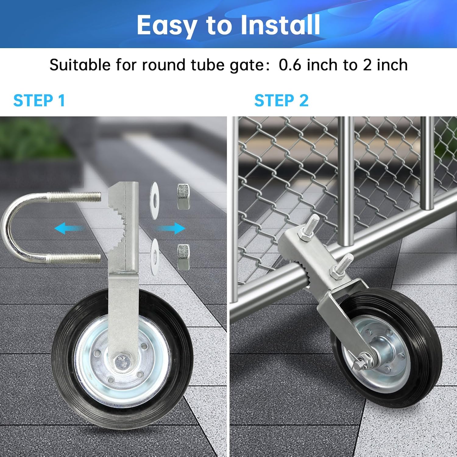 Heavy Duty Gate Wheel 2 Pack for Metal Swing Gates - Fits 1-5/8" to 2" Frames - Gate Support Caster for Chain Link Fences