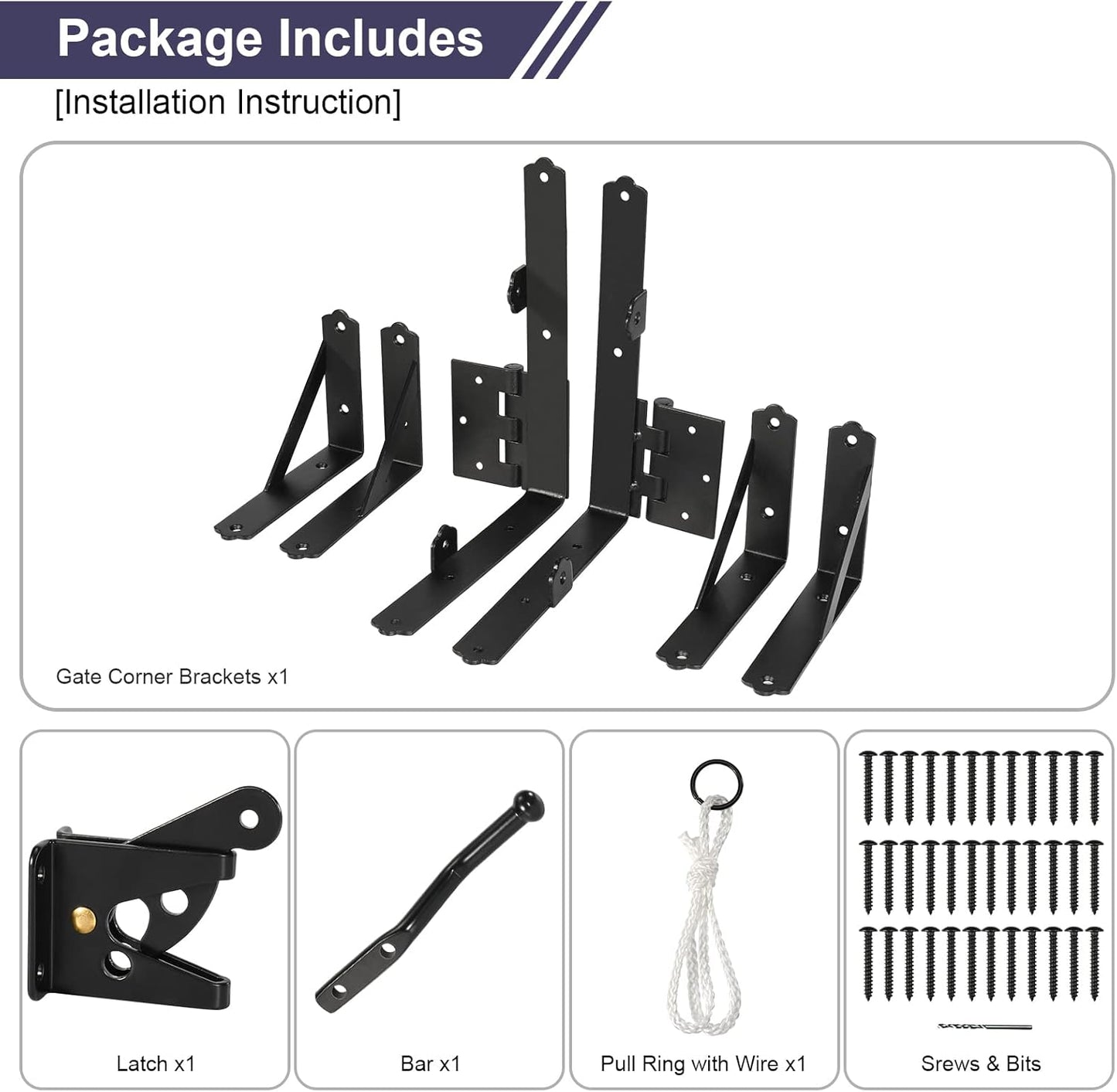 Heavy Duty Gold Oracle Gate Corner Brace Bracket Kit for Wooden Gates - Includes Anti-Sag Hardware and Latch