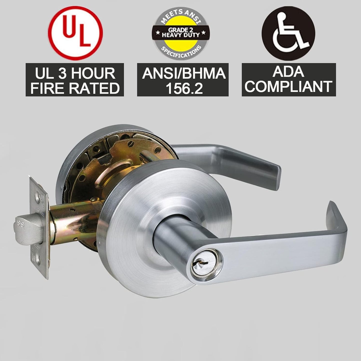 Heavy Duty Grade 2 Commercial Storeroom Door Handle Lock - Non-Handed, ADA Compliant, UL 3 Hour Fire Rated - Satin Chrome Finish 26D, 2-3/4'' Backset