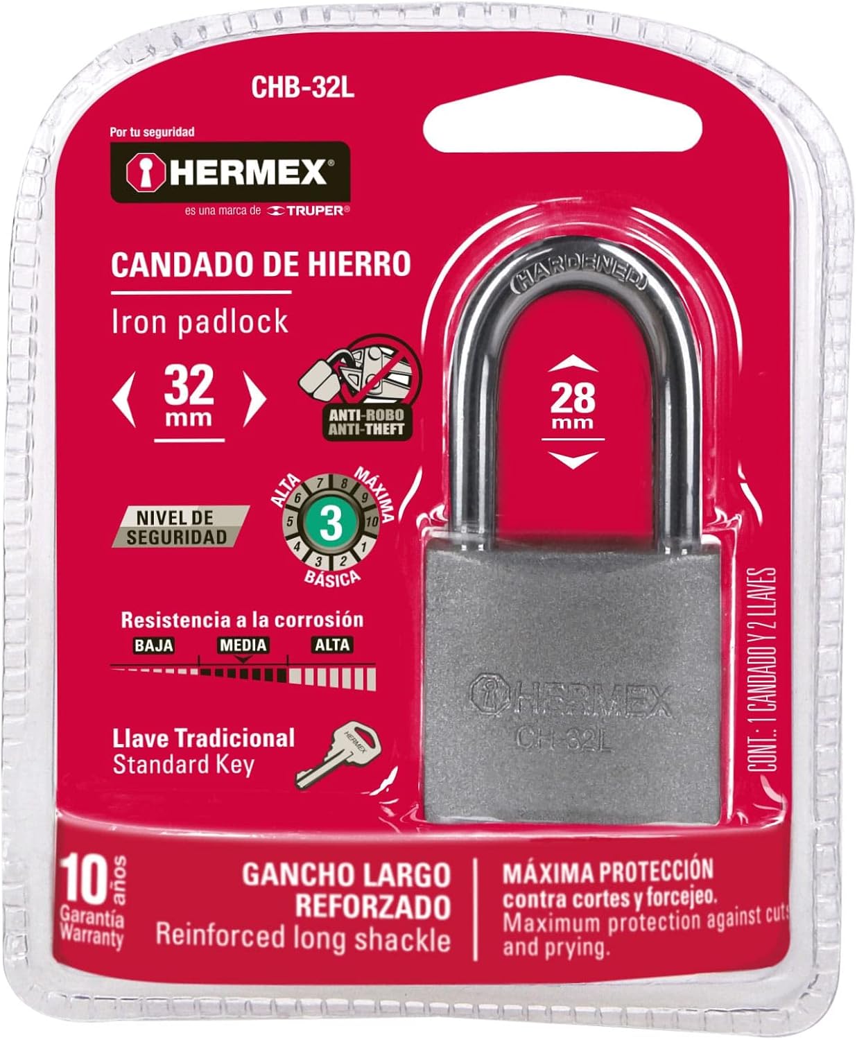 Heavy Duty HERMEX CHB-32L Iron Padlock with 32MM Shackle - Durable Security Lock for Home and Business Use