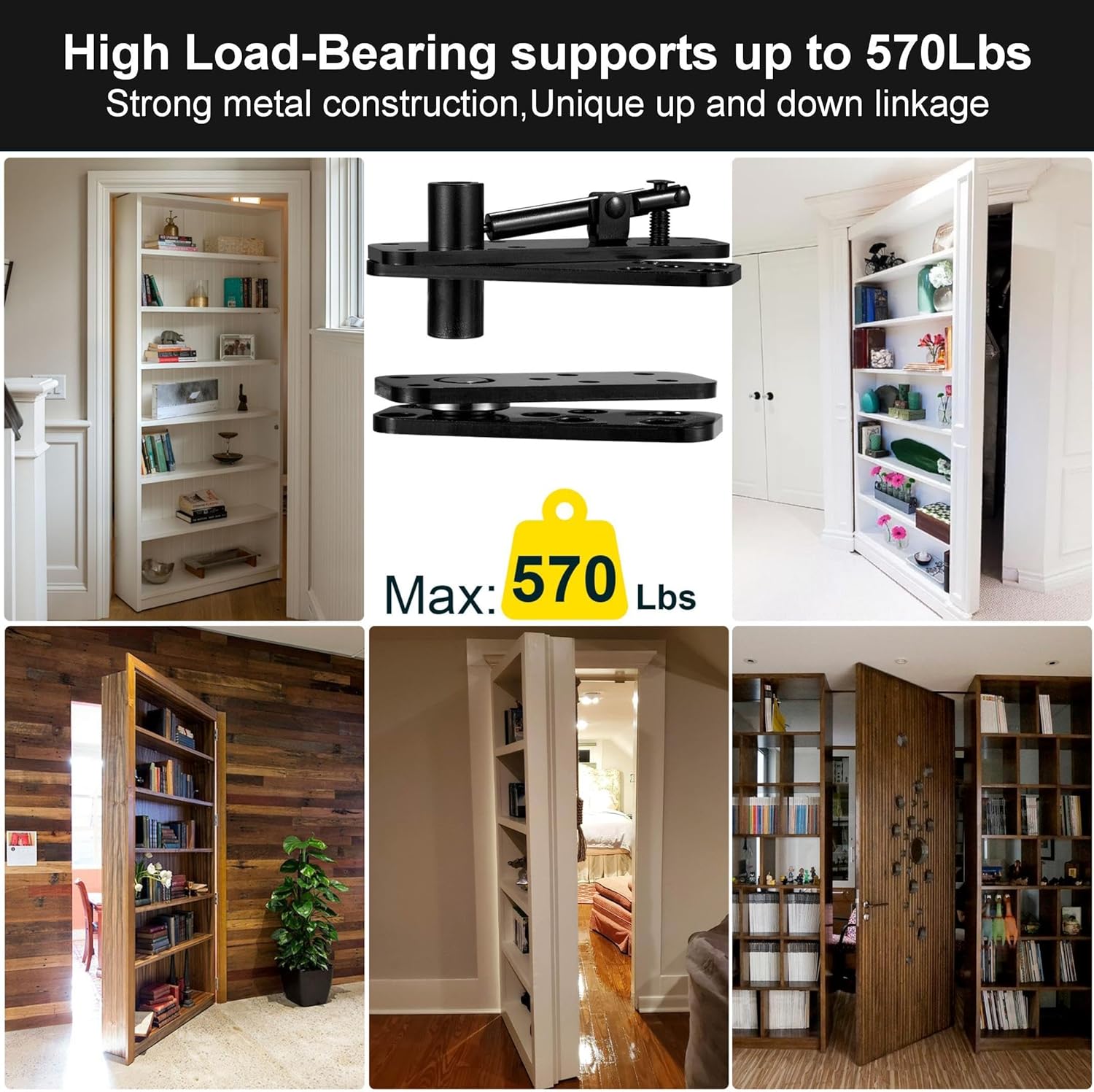 Heavy Duty Hidden Door Hinge Hardware with 570Lbs Load-Bearing - 360° Rotation for Secret Door Bookcase - Includes 2 Drills - WildKart