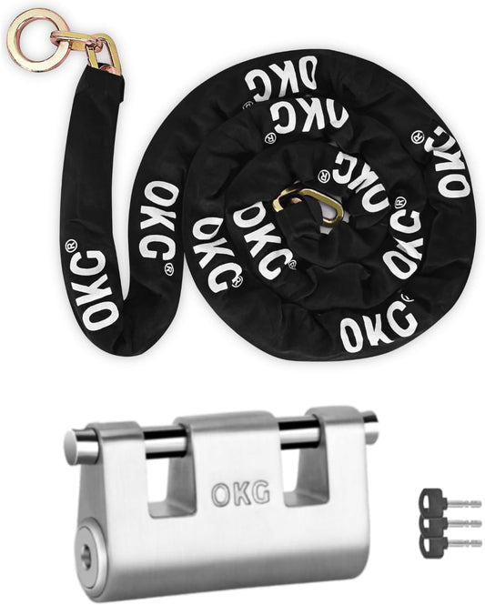 Heavy Duty High Security Stainless Steel Padlock and 10 Foot Chain Combo Kit for Motorcycle, E-Bike, Bike, Generator, etc. - 3/8” Thick Square Chain (9mm)