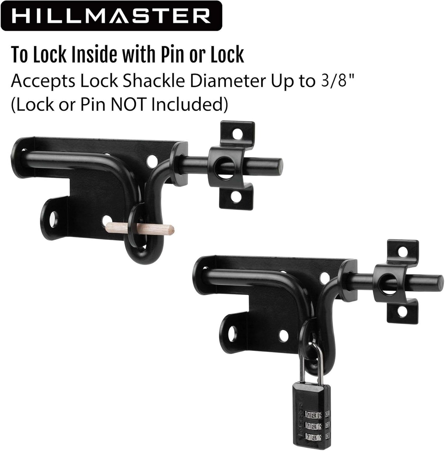 Heavy Duty Hillmaster Slide Bolt Gate Latch with Padlock Hole - Black Barrel Bolt Slide Latch for Wooden Fence Doors - Gate Hardware for Wood, Vinyl, Barns, and Sheds - WildKart