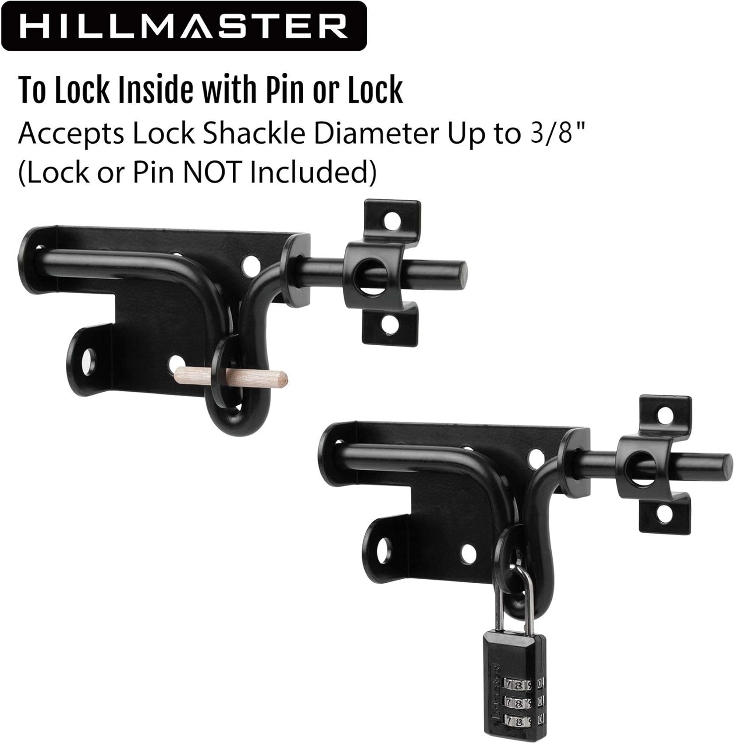 Heavy Duty Hillmaster Slide Bolt Gate Latch with Padlock Hole - Black Barrel Bolt Slide Latch for Wooden Fence Doors - Gate Hardware for Wood, Vinyl, Barns, and Sheds - WildKart