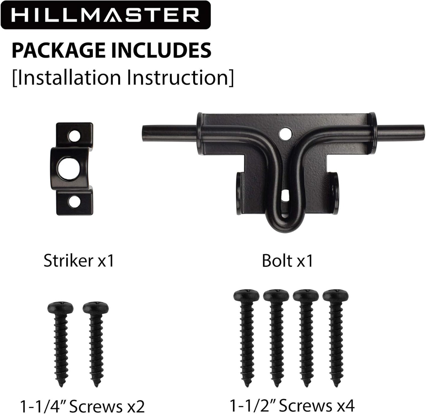 Heavy Duty Hillmaster Slide Bolt Gate Latch with Padlock Hole - Black Barrel Bolt Slide Latch for Wooden Fence Doors - Gate Hardware for Wood, Vinyl, Barns, and Sheds - WildKart