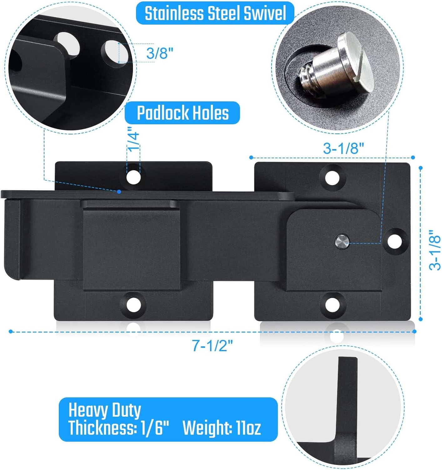 Heavy Duty Home Security Door Reinforcement Lock - Childproof, Prevent Unauthorized Entry - 7.5" Flip Gate Latch Lock with Padlock Hole - Adjustable Aluminum Alloy Door Latch