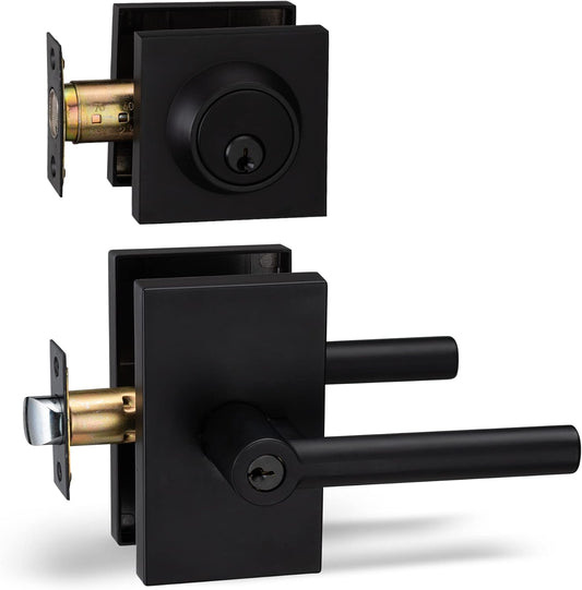 Heavy Duty Iron Black Entry Lever Door Handle and Single Cylinder Deadbolt Lock Set for Front Door or Office - Designer Series Locking Lever Handle for Right & Left Sided Doors