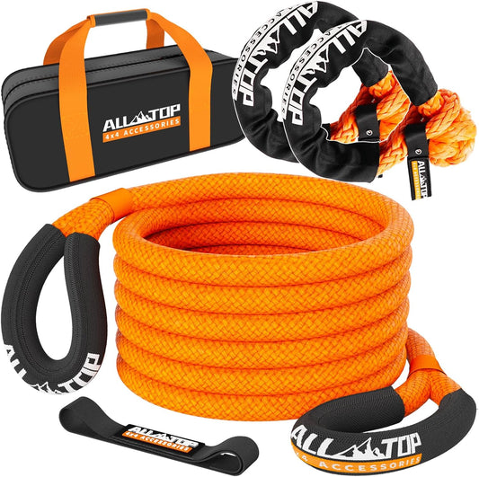 Heavy Duty Kinetic Recovery Rope Kit with 2 Soft Shackles - 48000Lbs, 1in x 20ft, 30%+ Elasticity, 16000Lbs WLL