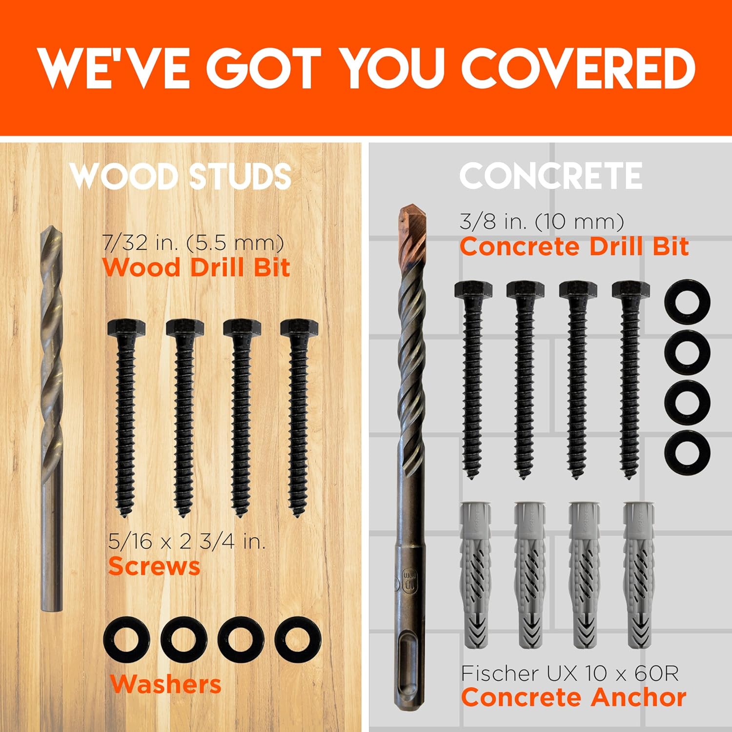 Heavy Duty Lag Bolt Kit for TV Mounting in Wood or Concrete - Includes Bolts, Anchors, and Drill Bits