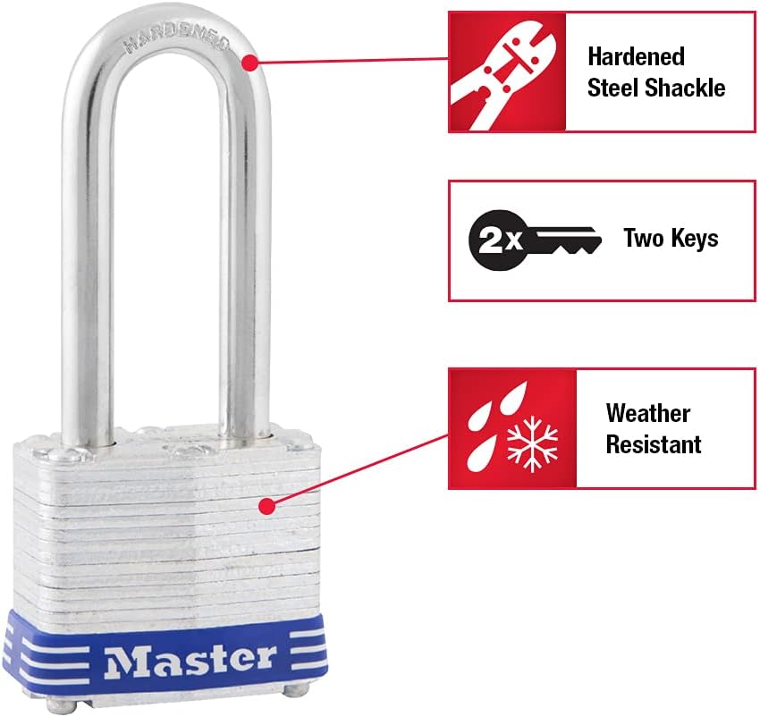 Heavy Duty Master Lock 3DLH Outdoor Padlock with Key - 2" Shackle - Silver - 1 Pack