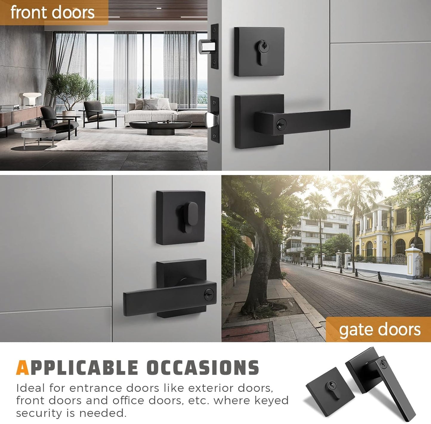 Heavy Duty Matte Black Front Door Handle and Deadbolt Set for Office and Home Security - Keyed Entry and Single Cylinder Deadbolt Lock