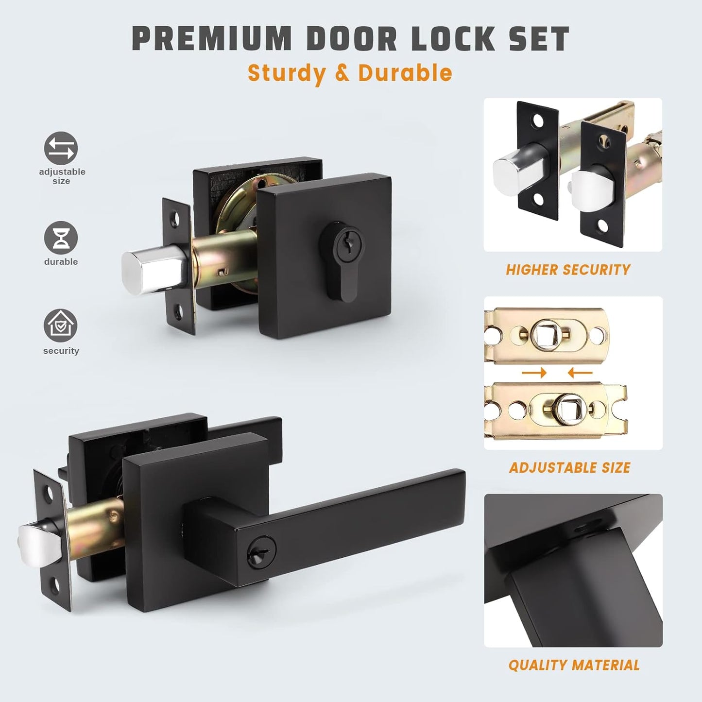 Heavy Duty Matte Black Front Door Handle and Deadbolt Set for Office and Home Security - Keyed Entry and Single Cylinder Deadbolt Lock