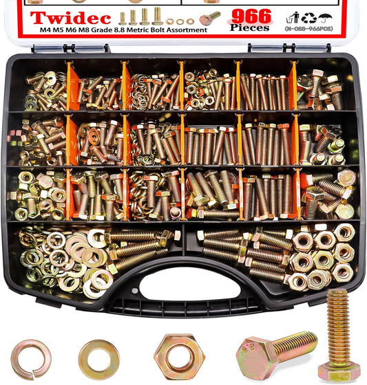 Heavy Duty Metric Grade 8.8 Hex Head Bolts and Nuts Assortment Kit - 966PCS, M4/M5/M6/M8, 12-30mm, Gold Zinc Plating - Storage Case Included