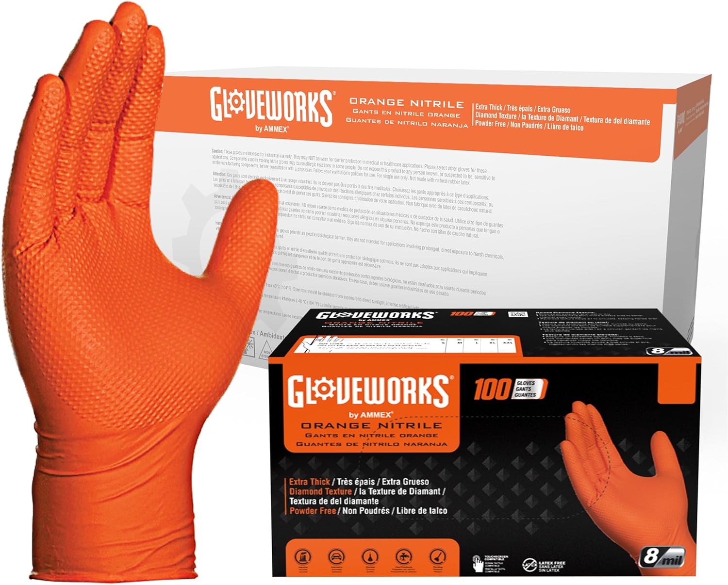 Heavy-Duty Orange Nitrile Gloves with Diamond Texture - 8 mil Mechanic Disposable Gloves