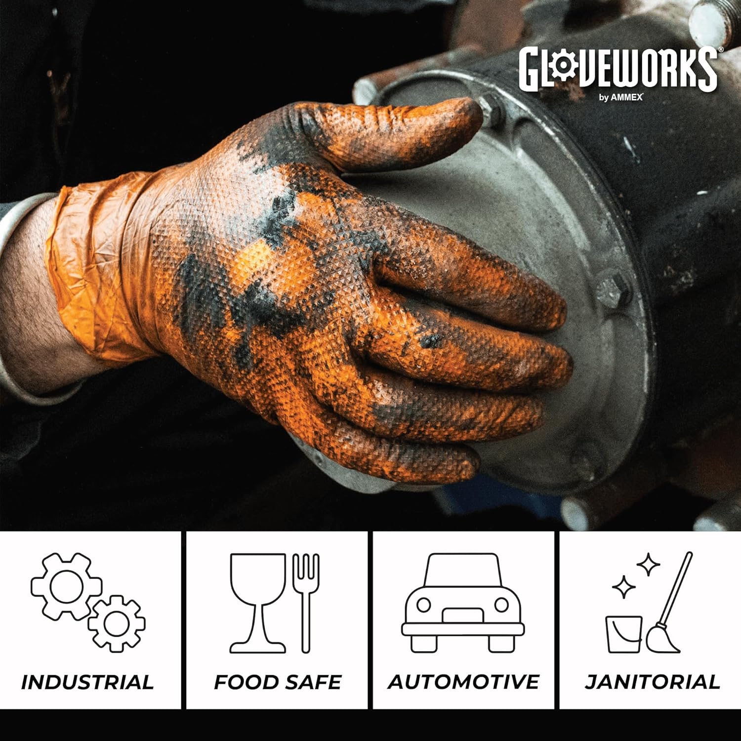 Heavy-Duty Orange Nitrile Gloves with Diamond Texture - 8 mil Mechanic Disposable Gloves