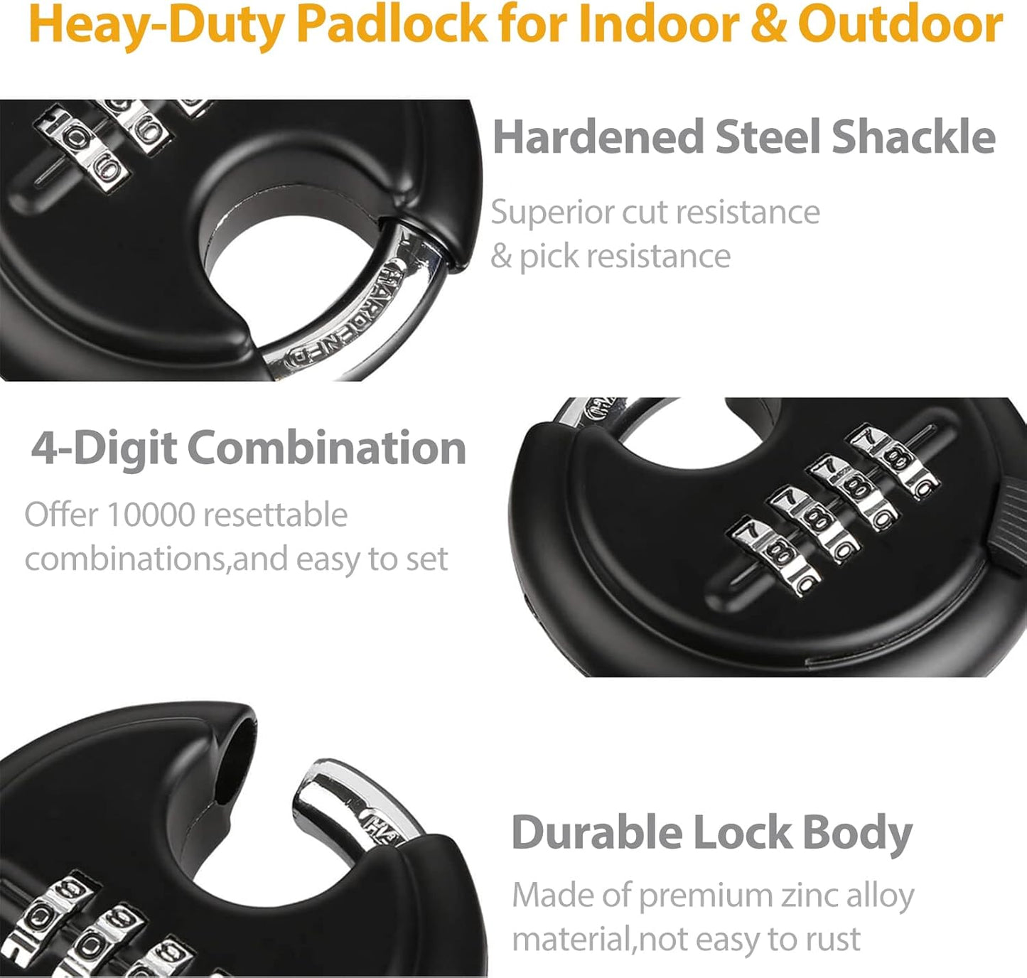Heavy Duty Outdoor Combination Disc Padlock - 4 Digit Code Lock for Storage Unit, Gate, Fence, Trailer - 3/8" Shackle - Black - 1 Piece - WildKart