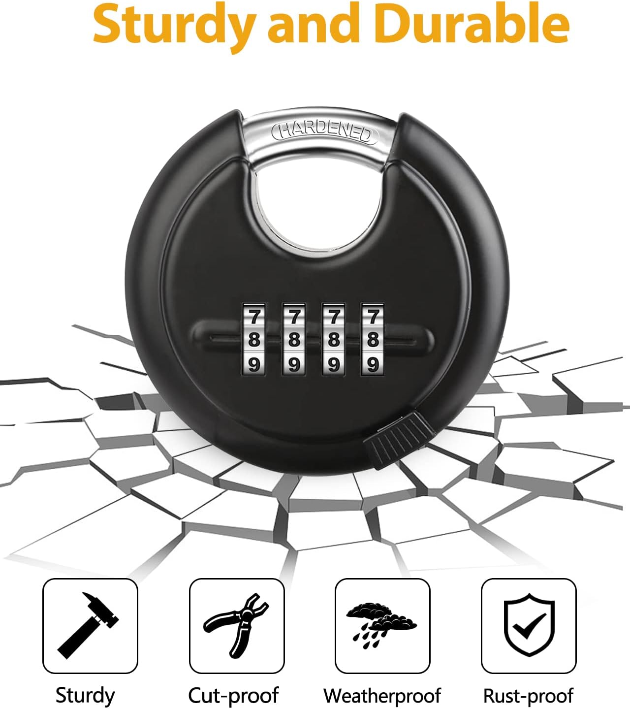 Heavy Duty Outdoor Combination Disc Padlock - 4 Digit Code Lock for Storage Unit, Gate, Fence, Trailer - 3/8" Shackle - Black - 1 Piece - WildKart