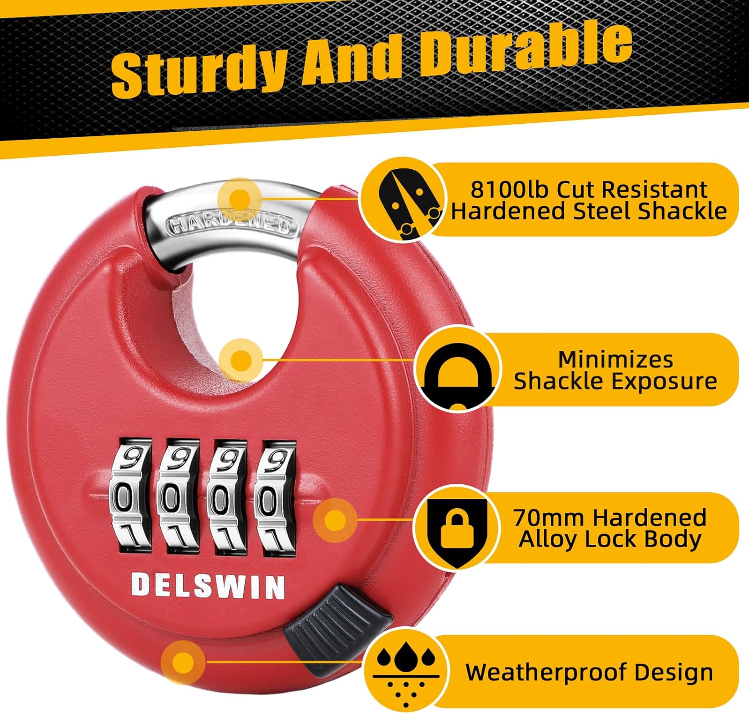 Heavy Duty Outdoor Combination Padlock with Hardened Shackle - 4 Digit Disc Lock for Gate, Storage Unit, Fence - Set of 2 (Red, 25/64" Shackle) - WildKart