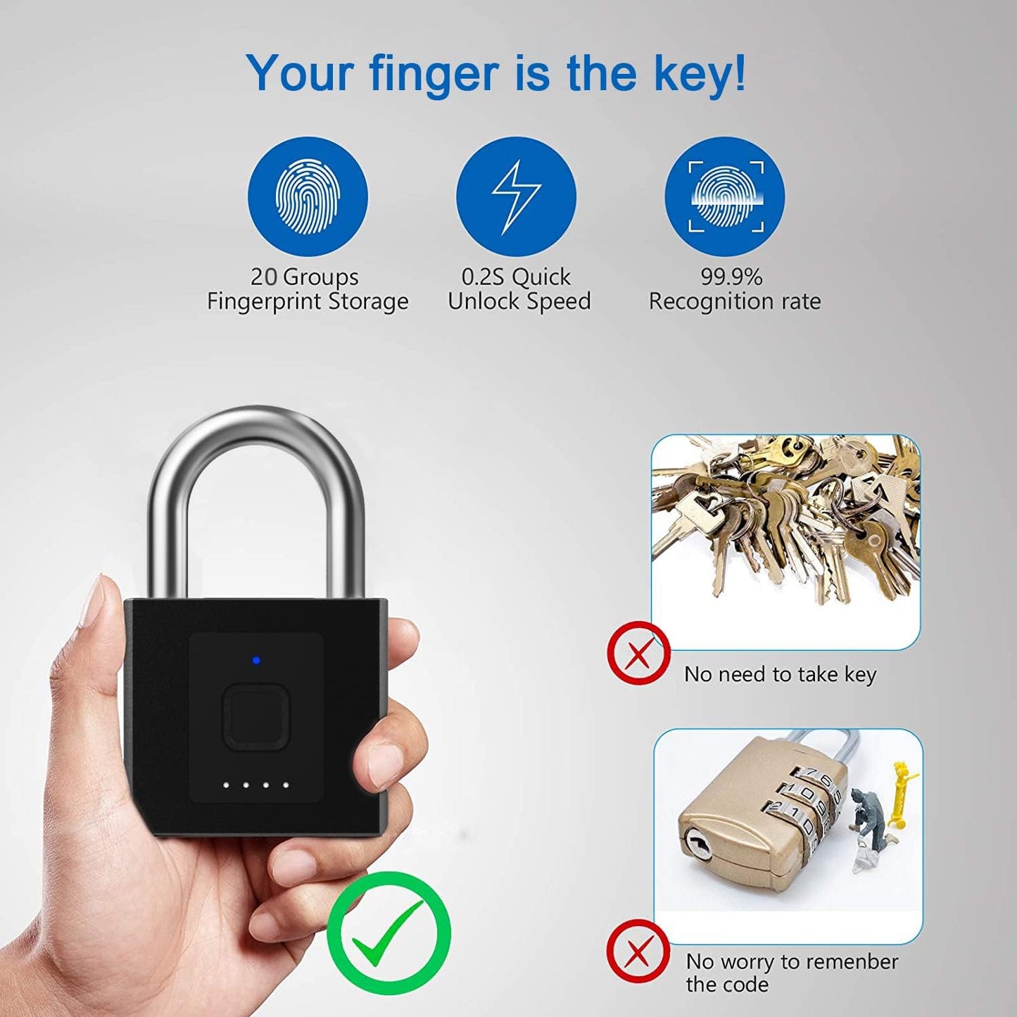 Heavy Duty Outdoor Waterproof Gate Padlock with Fingerprint & Phone App Control - Keyless Combination Lock with 2600lbs Strength - WildKart