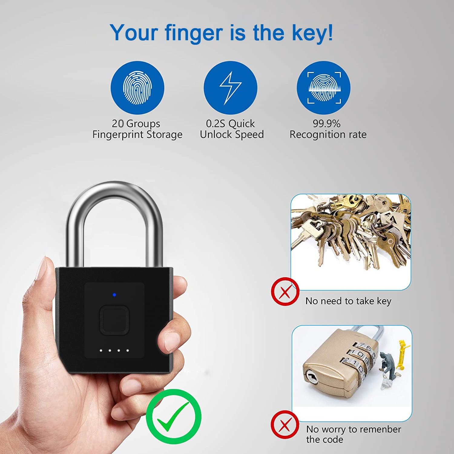 Heavy Duty Outdoor Waterproof Gate Padlock with Fingerprint & Phone App Control - Keyless Combination Lock with 2600lbs Strength - WildKart