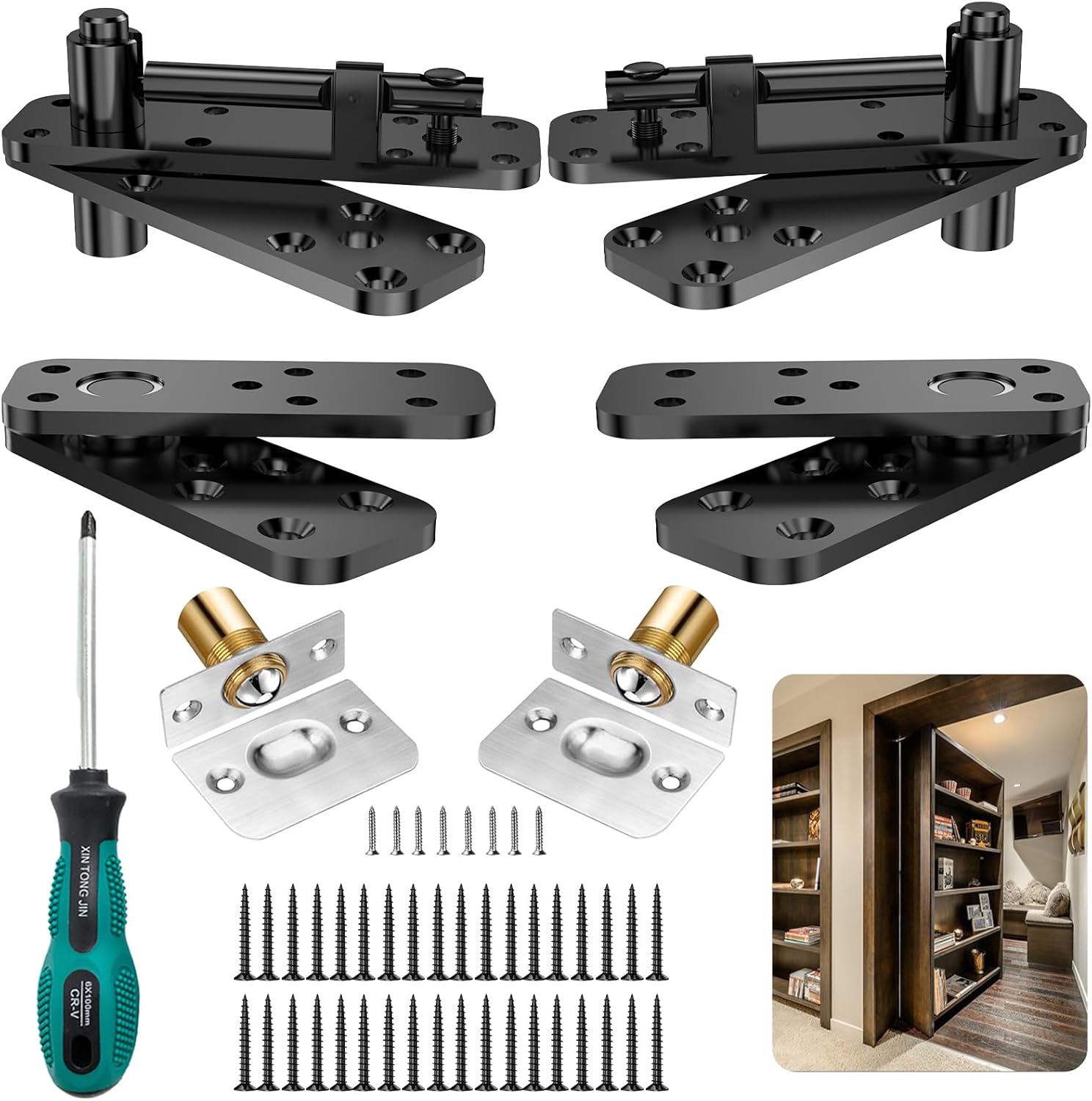 Heavy Duty Pivot Hinge Kit for Hidden Door - 2 Pairs, 570LBS Load-Bearing, 360° Rotation - Ideal for Bookcase, Murphy Door, Secret Door - Invisible Hardware