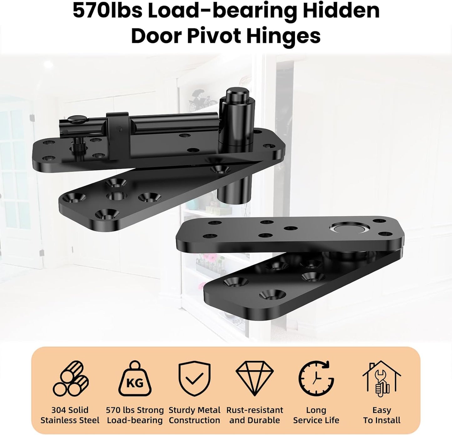 Heavy Duty Pivot Hinge Kit for Hidden Door - 2 Pairs, 570LBS Load-Bearing, 360° Rotation - Ideal for Bookcase, Murphy Door, Secret Door - Invisible Hardware