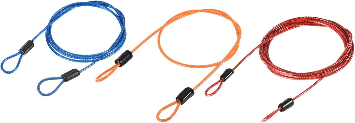 Heavy-Duty Plastic Coated Steel Security Cable Lock Rope Set - Orange, Blue, Red (2.5mm x 0.5m, 1m, 2m)