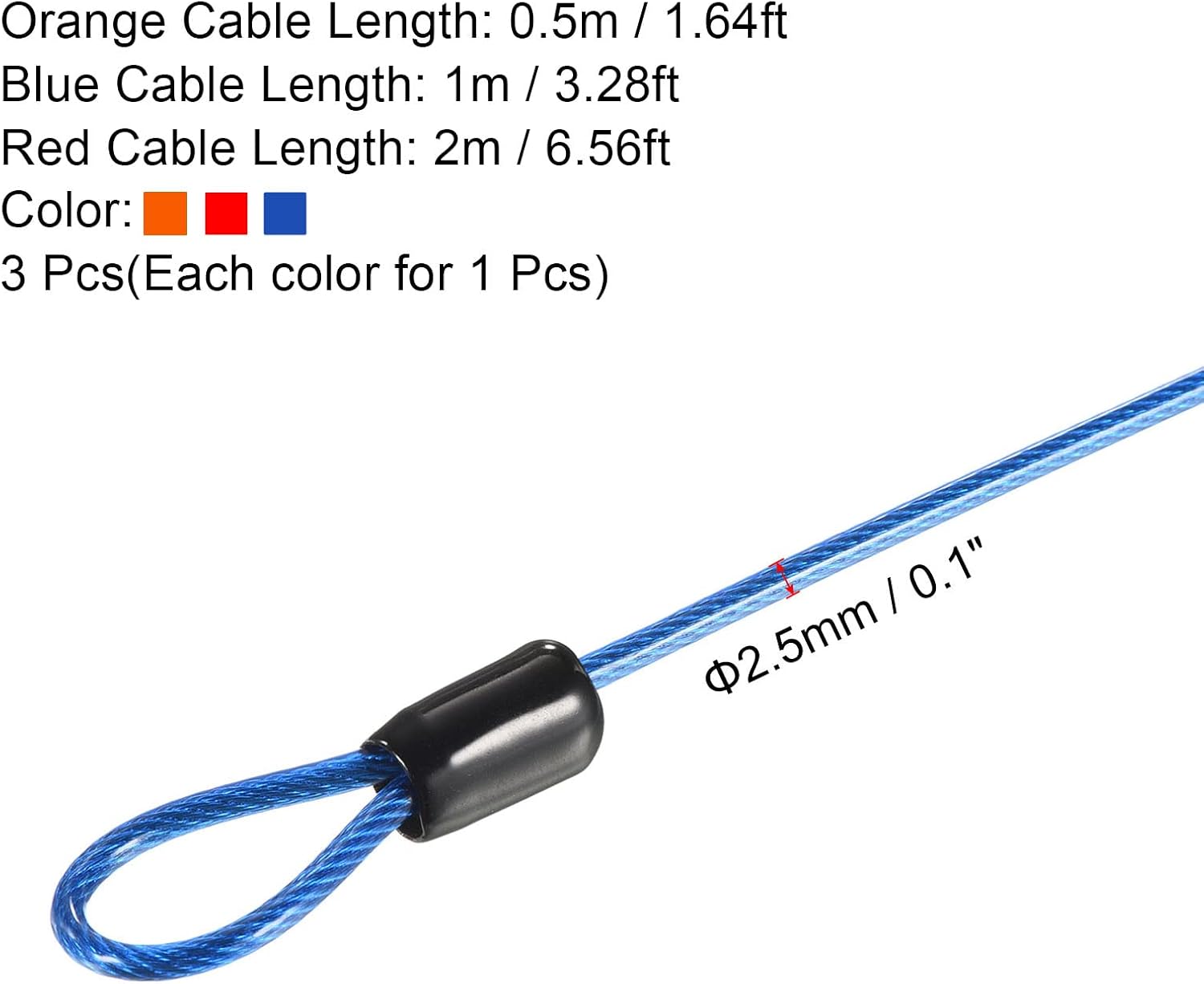 Heavy-Duty Plastic Coated Steel Security Cable Lock Rope Set - Orange, Blue, Red (2.5mm x 0.5m, 1m, 2m)