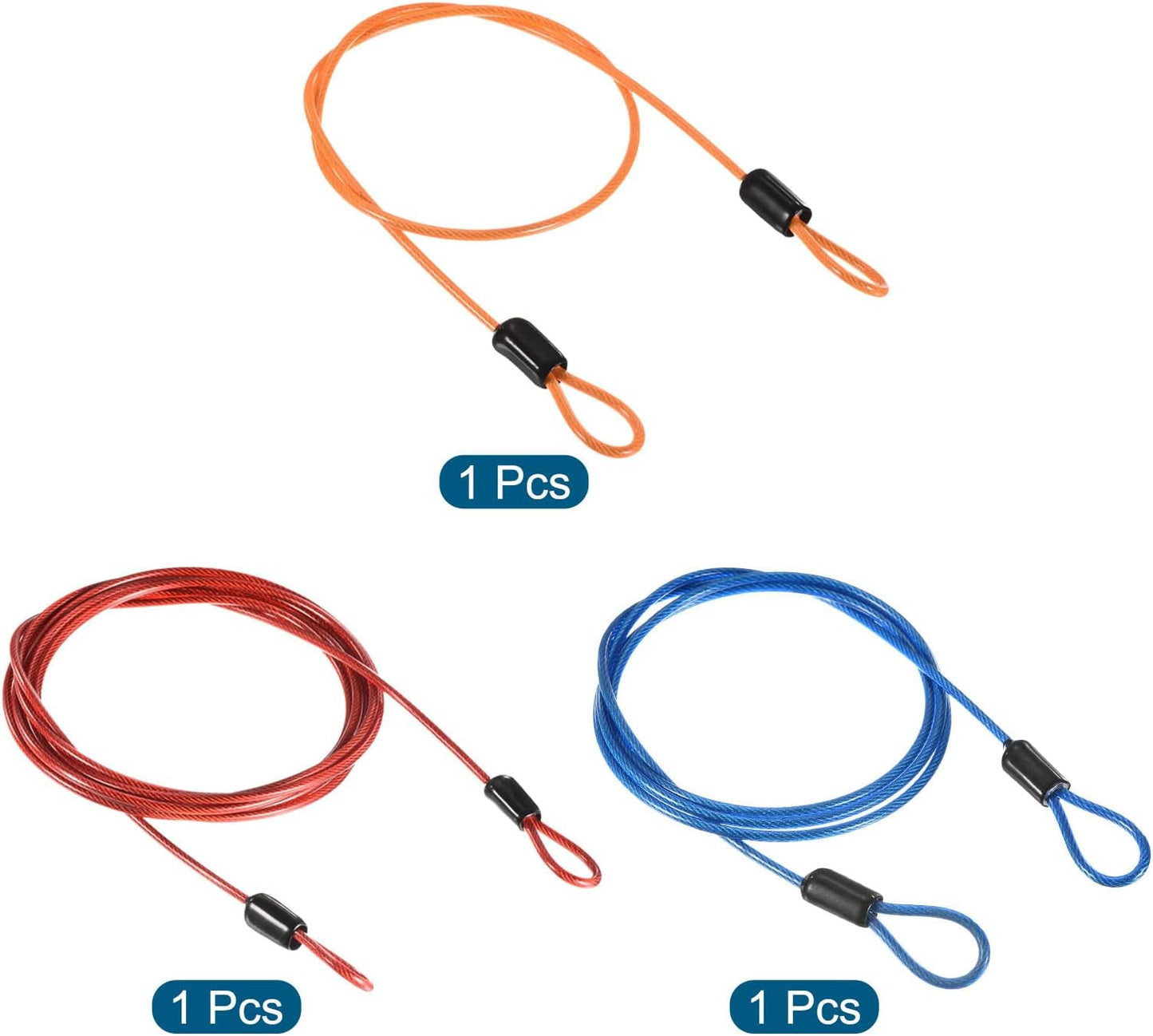 Heavy-Duty Plastic Coated Steel Security Cable Lock Rope Set - Orange, Blue, Red (2.5mm x 0.5m, 1m, 2m)