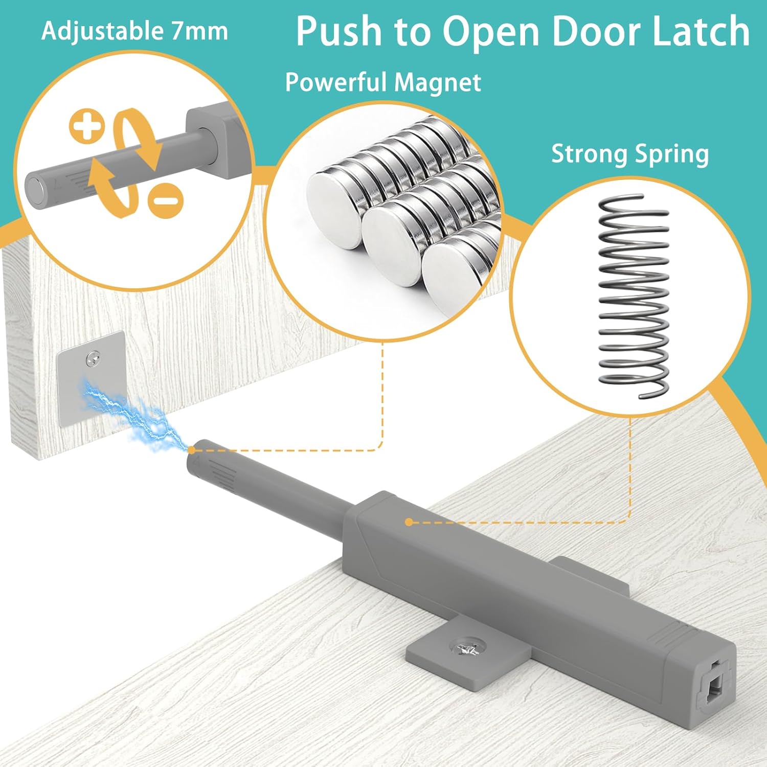 Heavy Duty Push Touch Latch 2 Pack for Cabinets, Doors, Drawers - Magnetic Spring Loaded Push to Open Catch for RV, Barn, Kitchen - Gray Color
