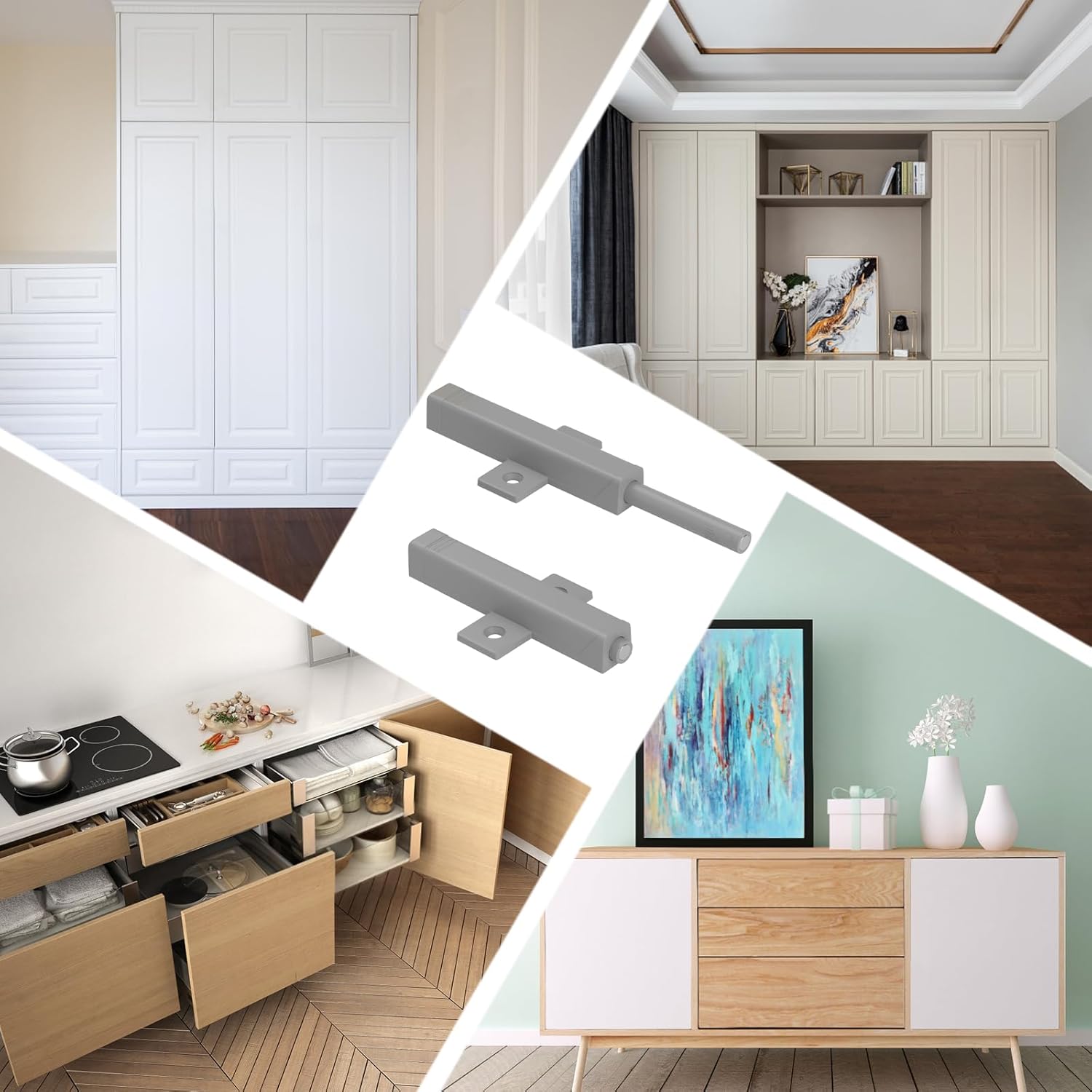 Heavy Duty Push Touch Latch 2 Pack for Cabinets, Doors, Drawers - Magnetic Spring Loaded Push to Open Catch for RV, Barn, Kitchen - Gray Color