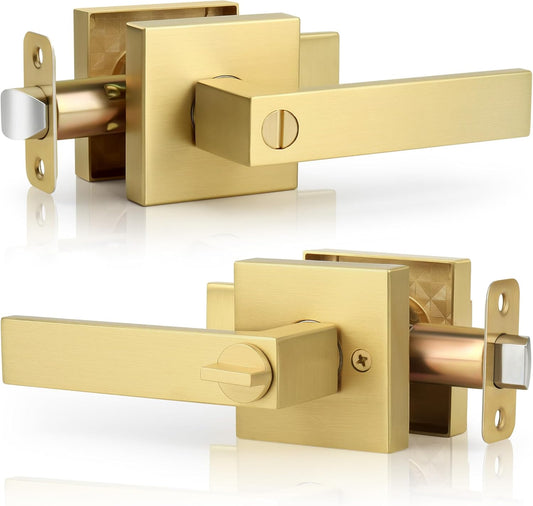 Heavy Duty Reversible Square Door Lever in Brushed Gold Finish for Bathroom Privacy - Satin Brass Interior Door Handles