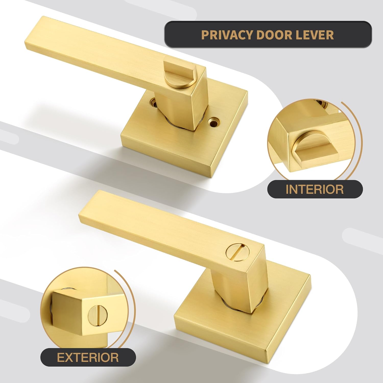 Heavy Duty Reversible Square Door Lever in Brushed Gold Finish for Bathroom Privacy - Satin Brass Interior Door Handles