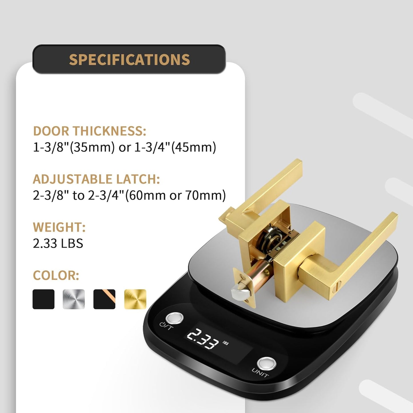 Heavy Duty Reversible Square Door Lever in Brushed Gold Finish for Bathroom Privacy - Satin Brass Interior Door Handles