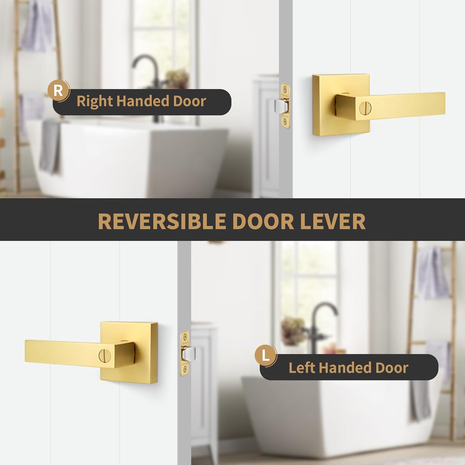 Heavy Duty Reversible Square Door Lever in Brushed Gold Finish for Bathroom Privacy - Satin Brass Interior Door Handles