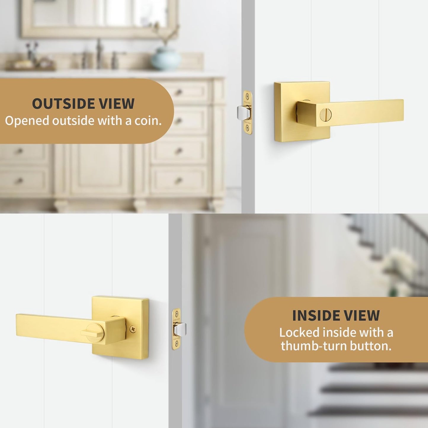Heavy Duty Reversible Square Door Lever in Brushed Gold Finish for Bathroom Privacy - Satin Brass Interior Door Handles