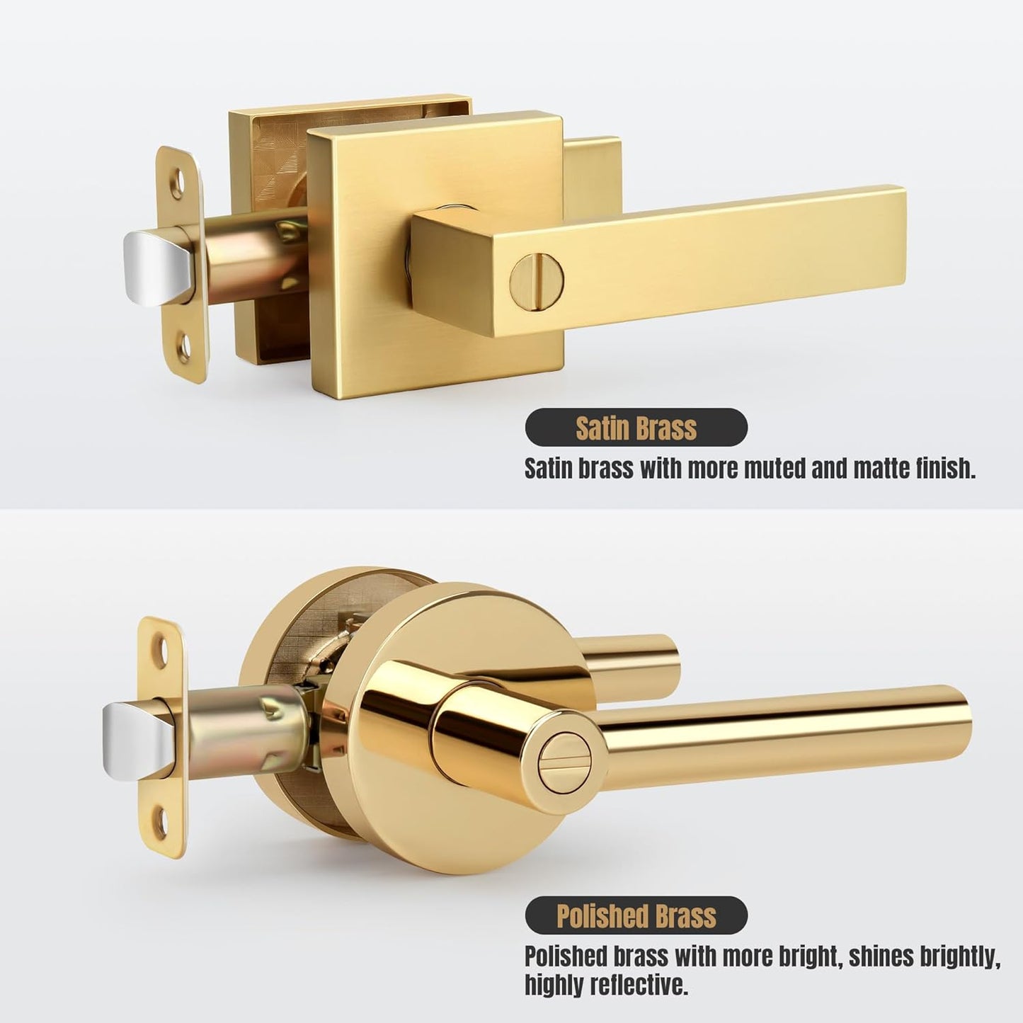 Heavy Duty Reversible Square Door Lever in Brushed Gold Finish for Bathroom Privacy - Satin Brass Interior Door Handles