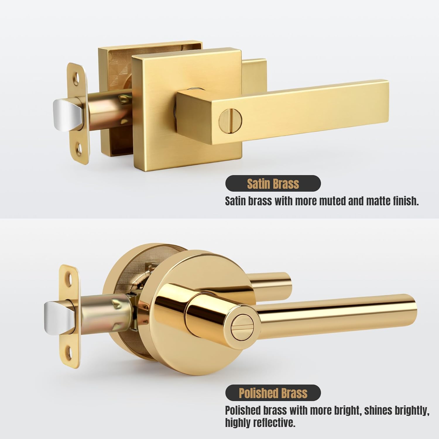 Heavy Duty Reversible Square Door Lever in Brushed Gold Finish for Bathroom Privacy - Satin Brass Interior Door Handles