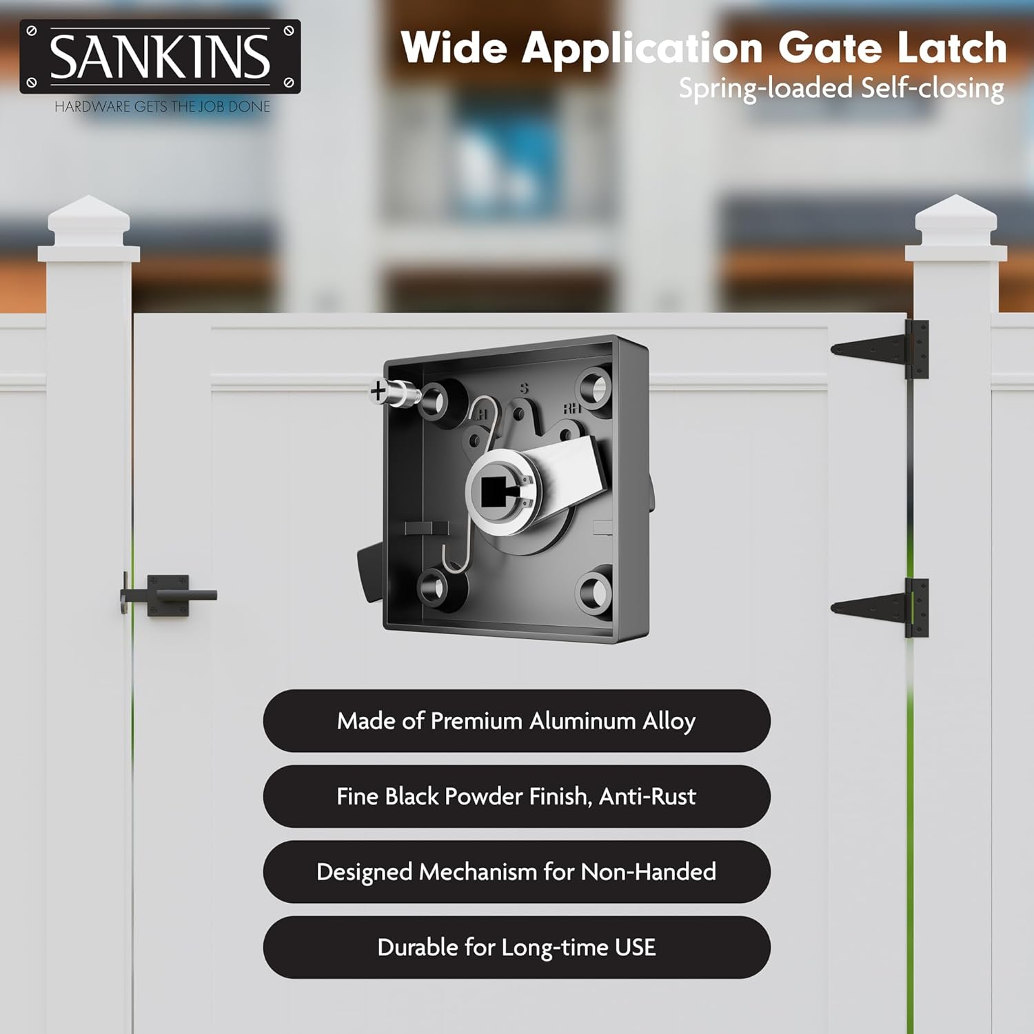 Heavy Duty Self-Locking Double Side Gate Latch for Wooden Fence - Outdoor Aluminum Swinging Door Hardware, Black