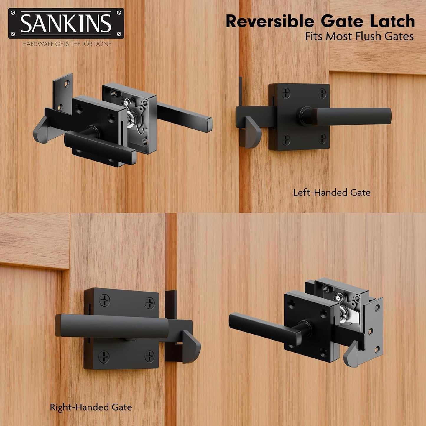 Heavy Duty Self-Locking Double Side Gate Latch for Wooden Fence - Outdoor Aluminum Swinging Door Hardware, Black