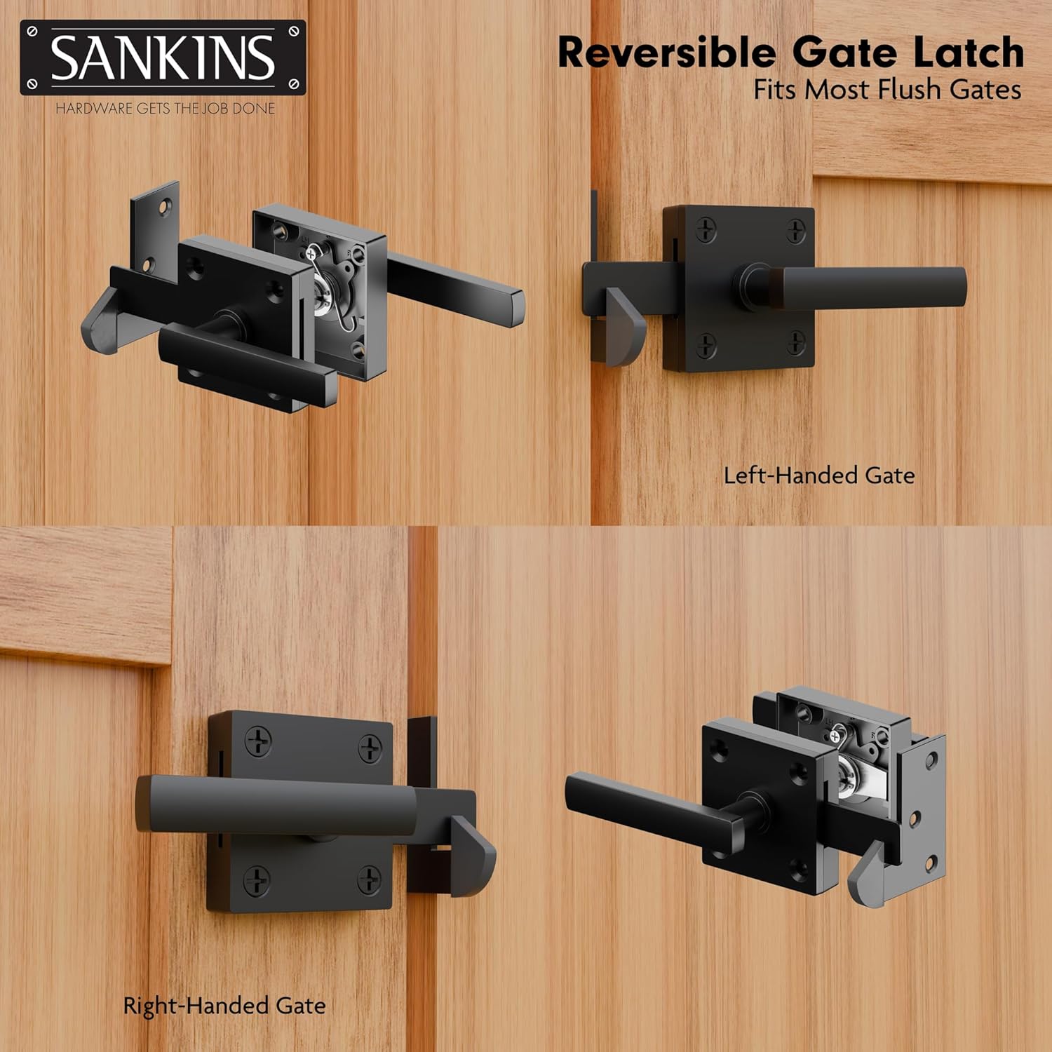 Heavy Duty Self-Locking Double Side Gate Latch for Wooden Fence - Outdoor Aluminum Swinging Door Hardware, Black