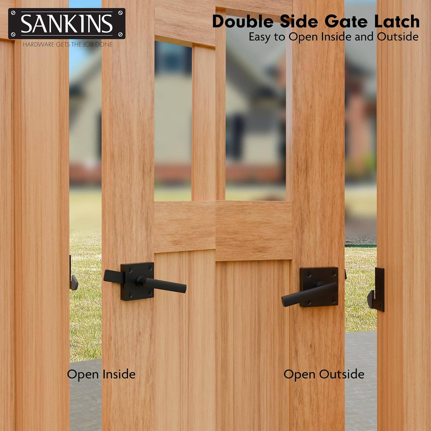 Heavy Duty Self-Locking Double Side Gate Latch for Wooden Fence - Outdoor Aluminum Swinging Door Hardware, Black
