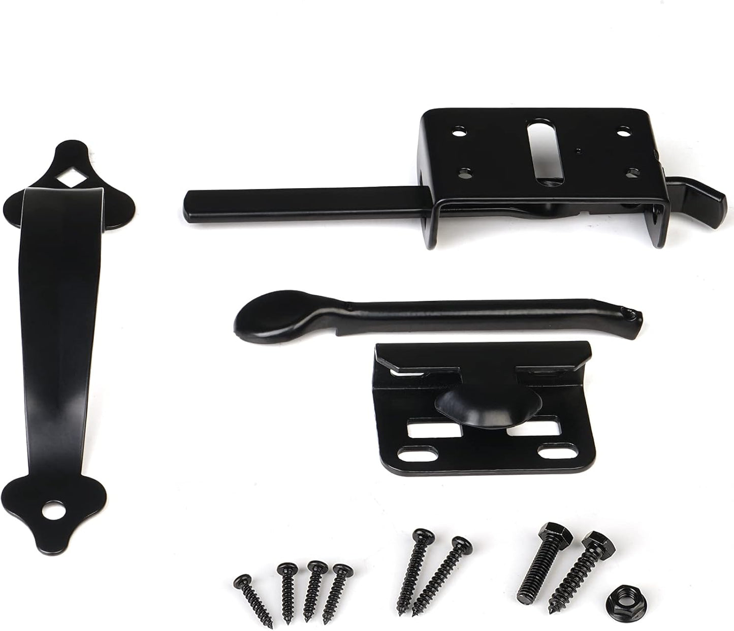 Heavy Duty Self-Locking Gate Latch Kit for Wooden Fence & Swing Outdoor Gate - Steel, Black Finish, 8 inch Handle