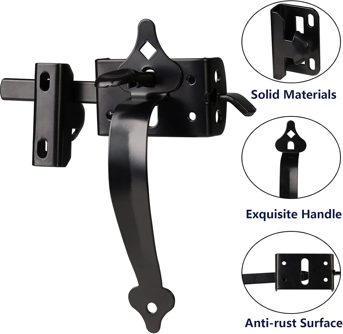 Heavy Duty Self-Locking Gate Latch Kit for Wooden Fence & Swing Outdoor Gate - Steel, Black Finish, 8 inch Handle