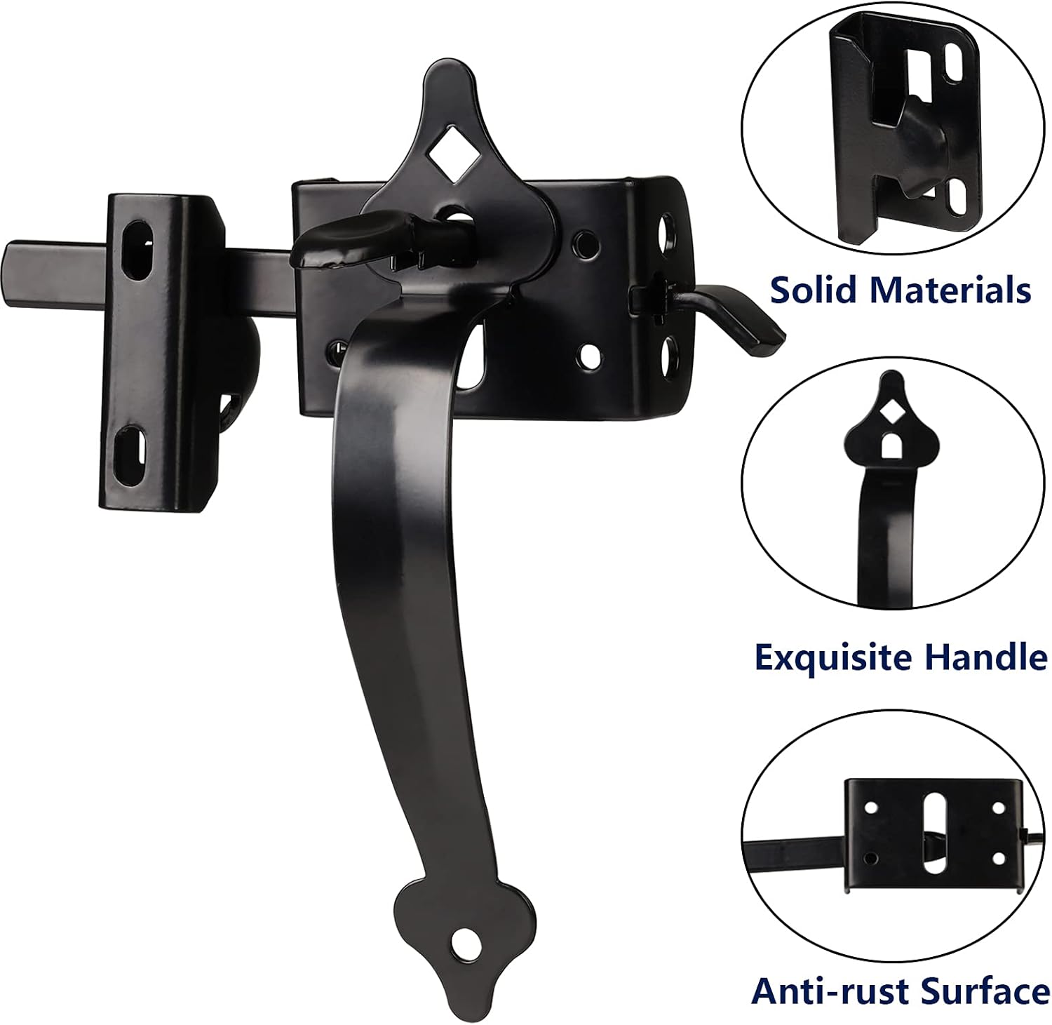 Heavy Duty Self-Locking Gate Latch Kit for Wooden Fence & Swing Outdoor Gate - Steel, Black Finish, 8 inch Handle