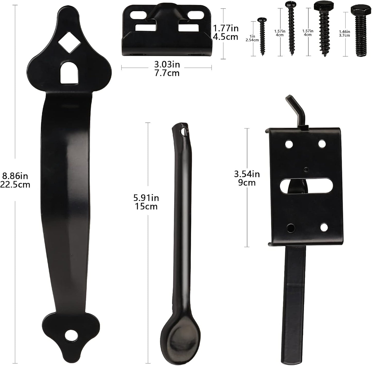 Heavy Duty Self-Locking Gate Latch Kit for Wooden Fence & Swing Outdoor Gate - Steel, Black Finish, 8 inch Handle