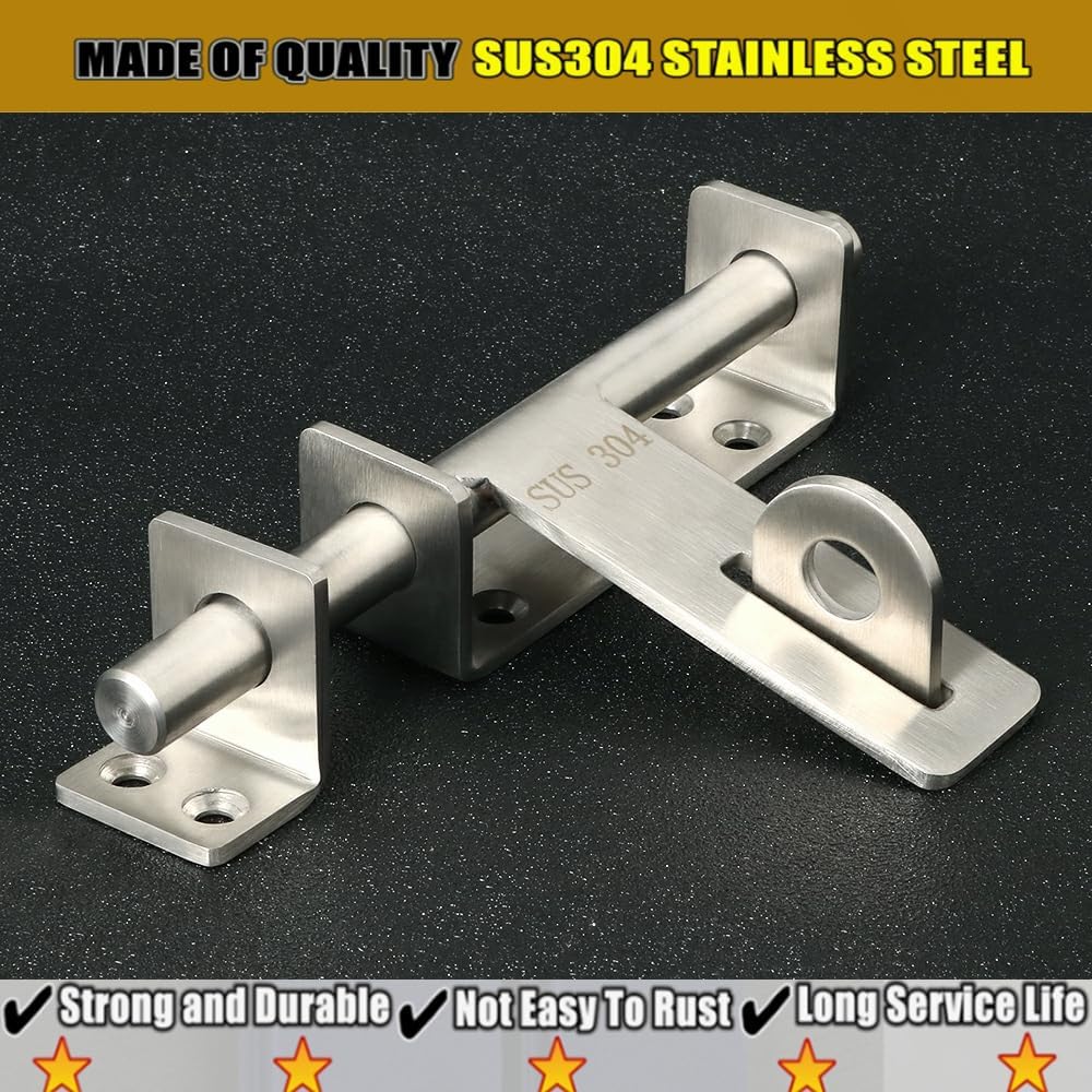 Heavy Duty Slide Bolt Gate Latch with Padlock, Double Sided Hardware for Fence Gate - Solid Stainless Steel Brushed Latches